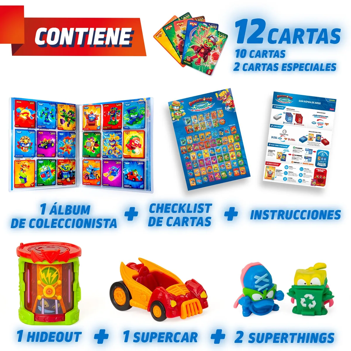 Contenido del Battle Starter Pack de SuperThings Power: 12 cartas, álbum, checklist, instrucciones, Hideout, Supercar y 2 SuperThings