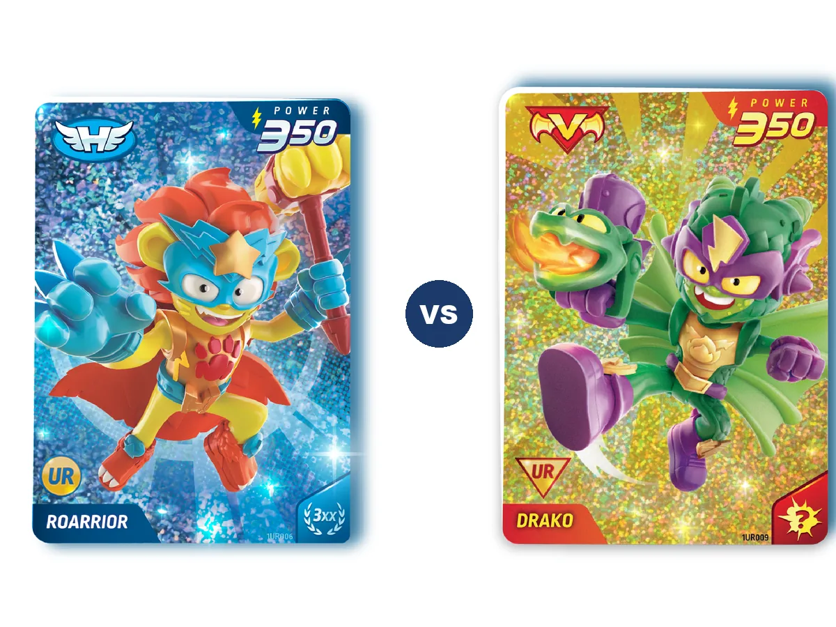 Cartas Ultra Rare de Roarrior (héroe, 350, Gana 3XX) y Drako (villano, 350, Caos) de SuperThings Power
