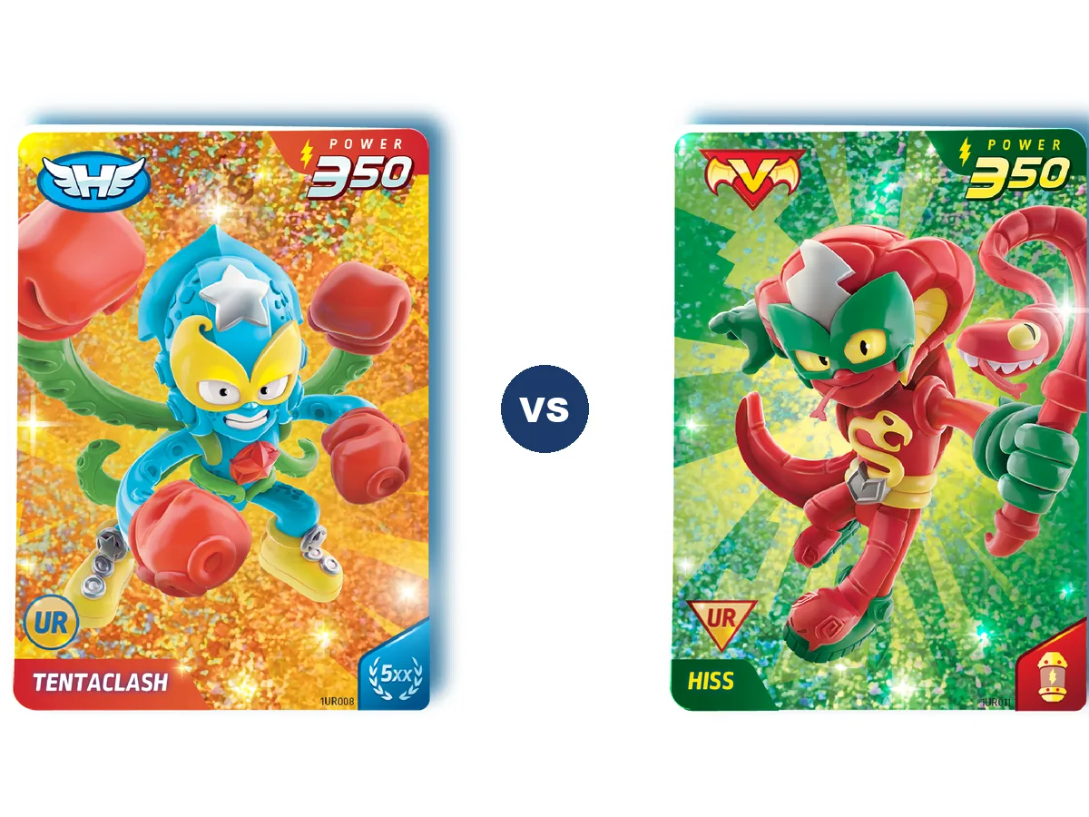 Cartas Ultra Rare de Tentaclash (héroe, 350, Gana 5XX) y Hiss (villano, 350, +1 Kazoom) de SuperThings Power