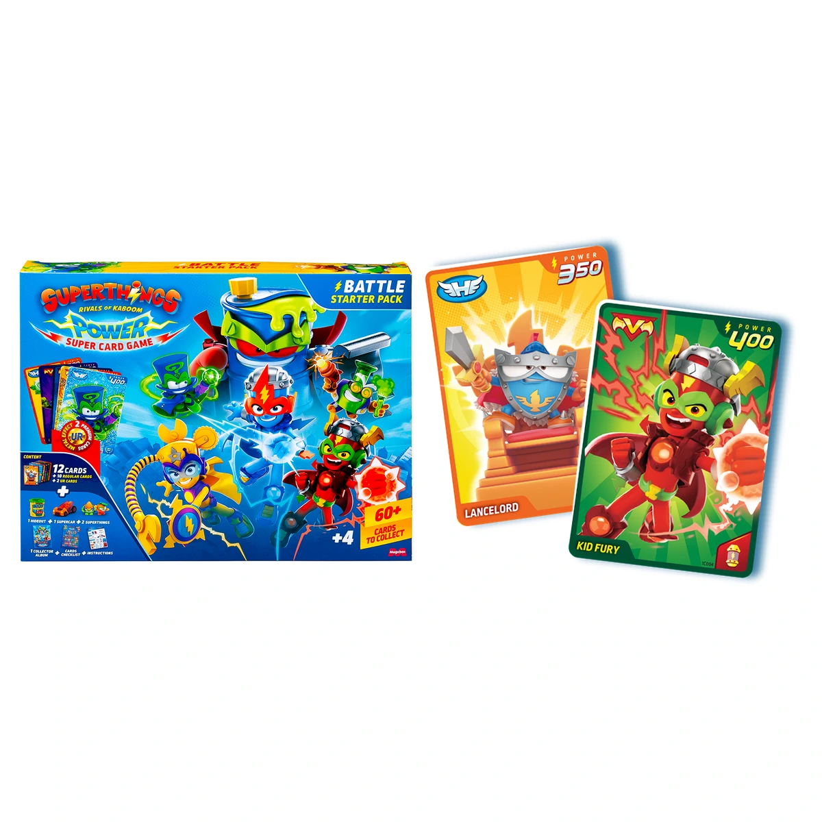 Cómo jugar a SuperThings Power Super Card Game: caja del Battle Starter Pack con las cartas de Lancelord y Kid Fury