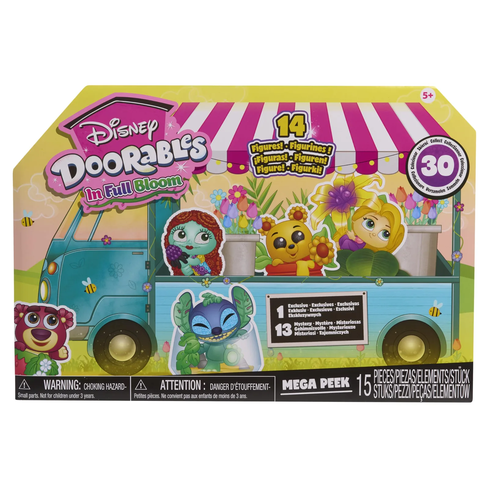 Caja frontal del Disney Doorables In Full Bloom Mega Peek con 14 figuras, 1 exclusiva y 13 misteriosas