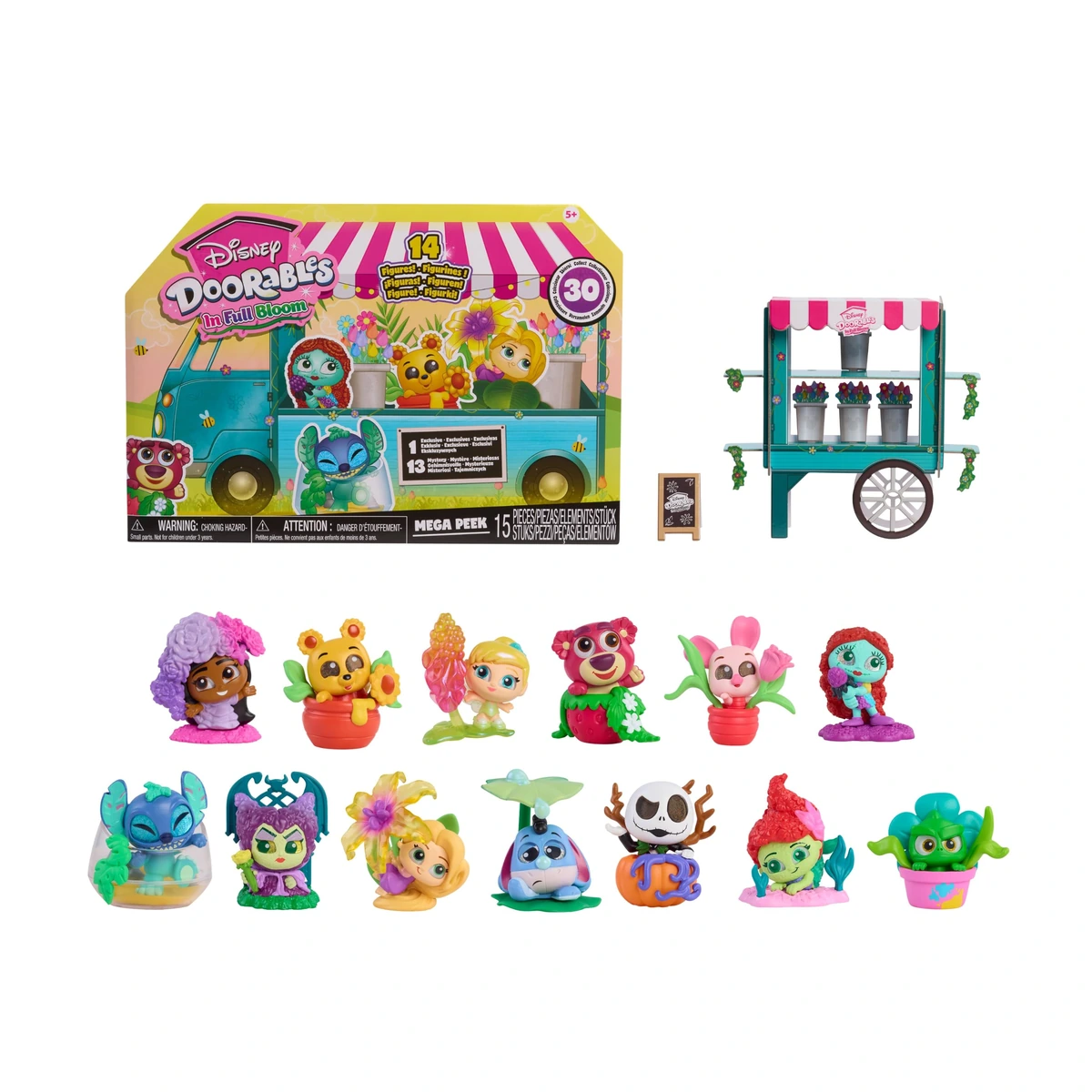 Disney Doorables In Full Bloom Mega Peek: caja furgoneta floristería, carrito de flores expositor y 13 figuras de muestra