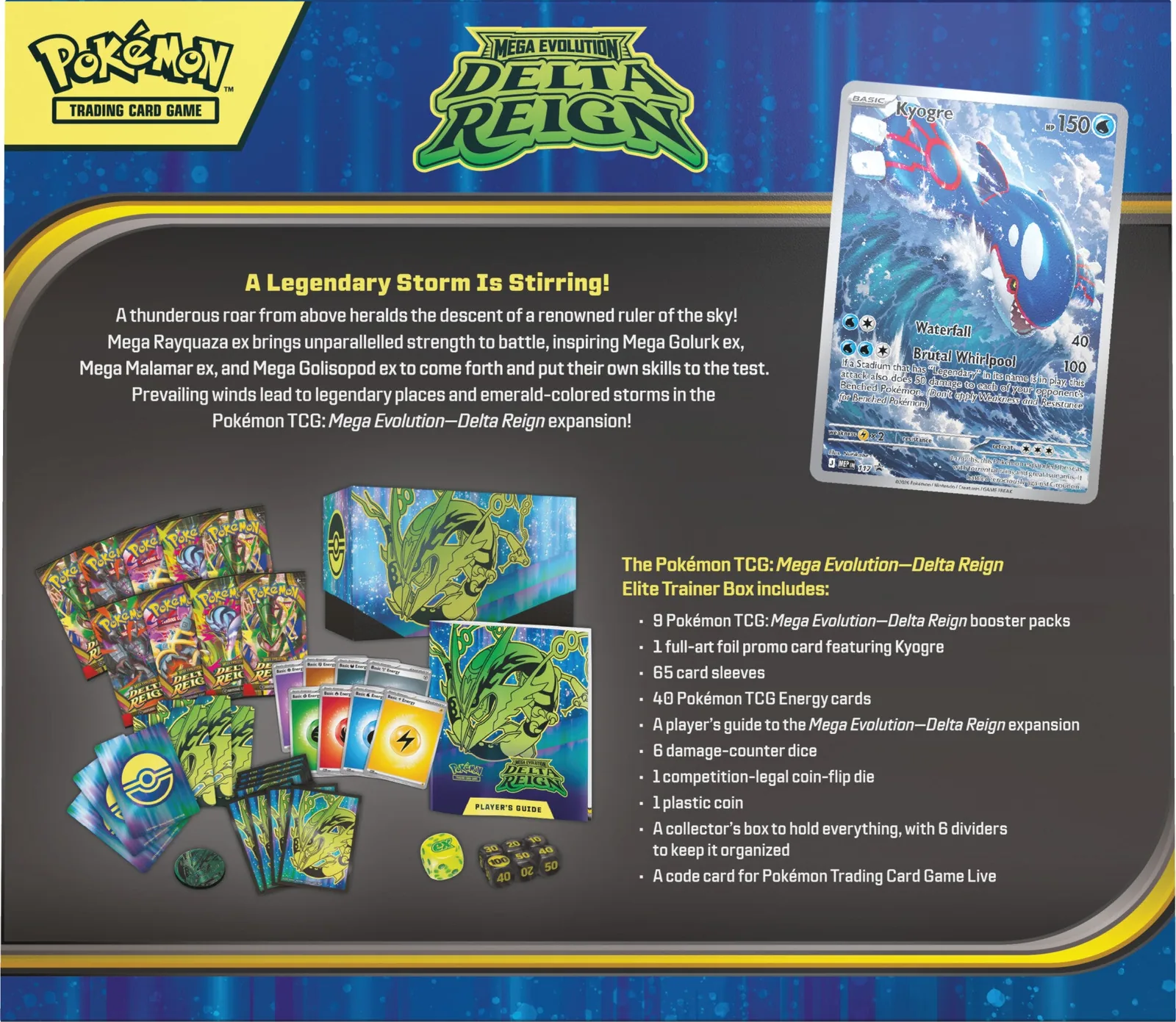 Reverso de la Caja de Entrenador Élite de Delta Reign con la promo de Kyogre y el contenido de la caja