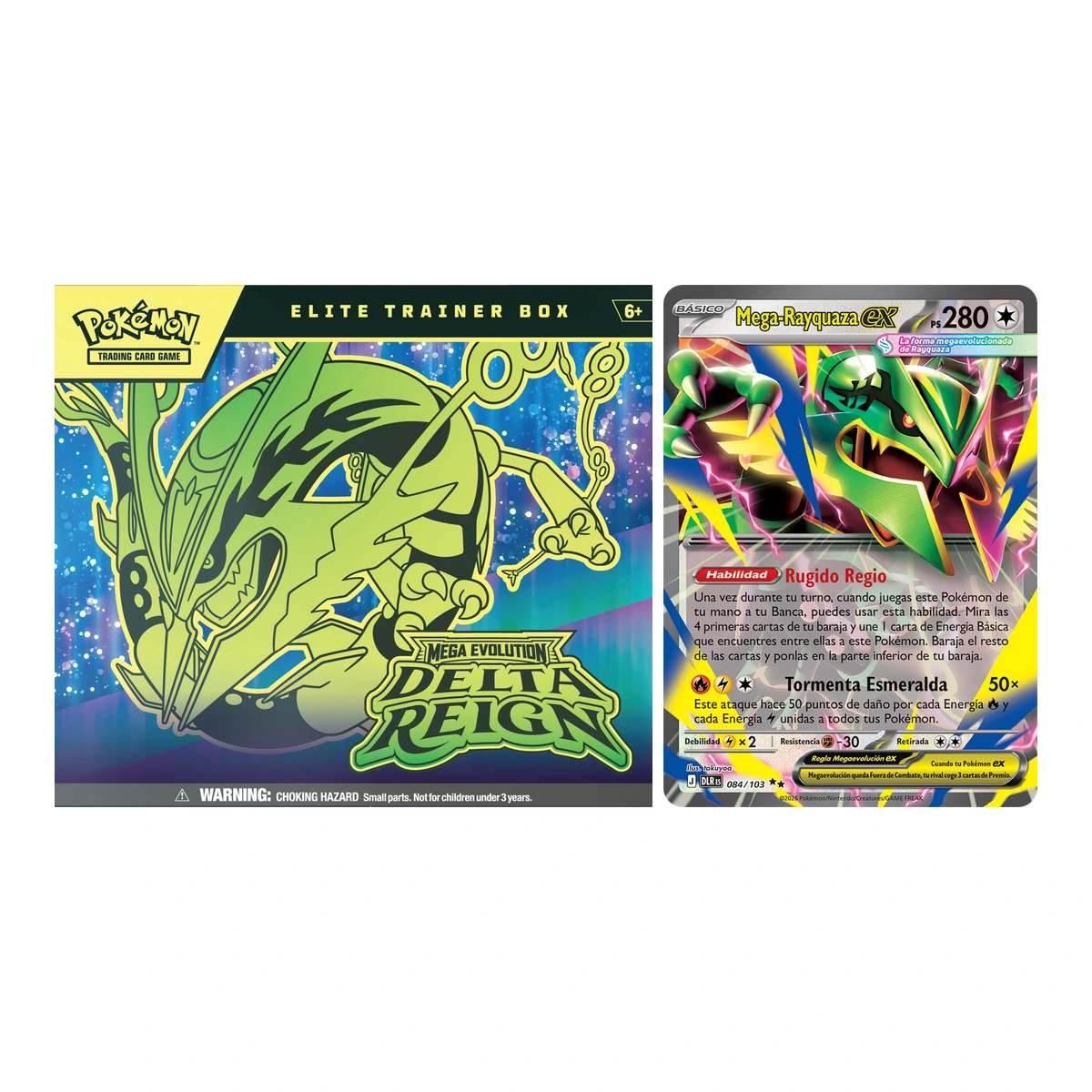 Dominio Delta Pokémon TCG: Caja de Entrenador Élite de Megaevolución-Dominio Delta y la carta Mega-Rayquaza ex en español