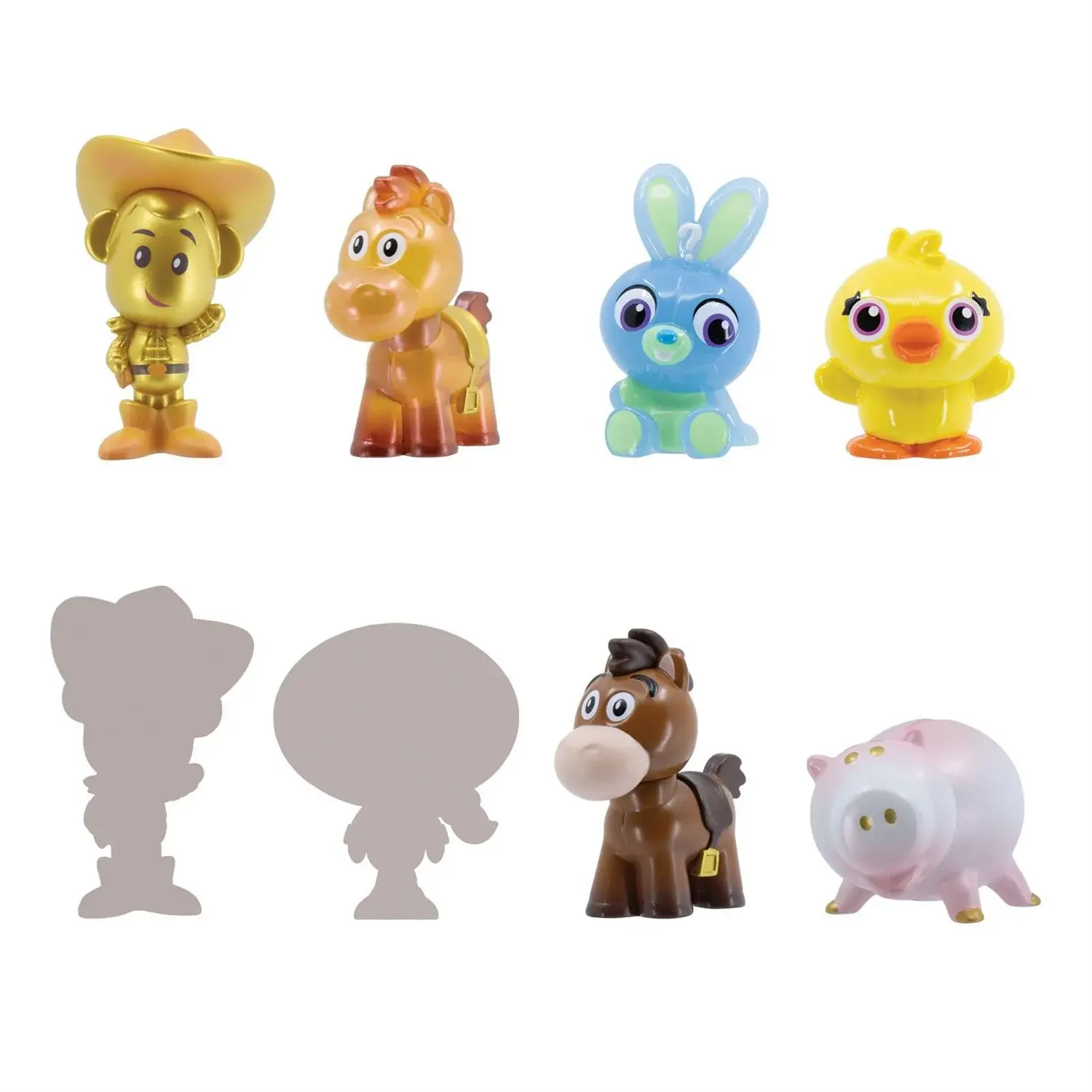 Lineup oficial de la serie Toy Story de Enesco con los seis personajes visibles y los dos chasers en silueta