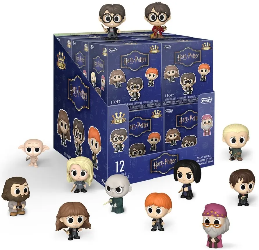 Display de doce cajas ciegas de Harry Potter Mystery Minis de Funko con las doce figuras alrededor