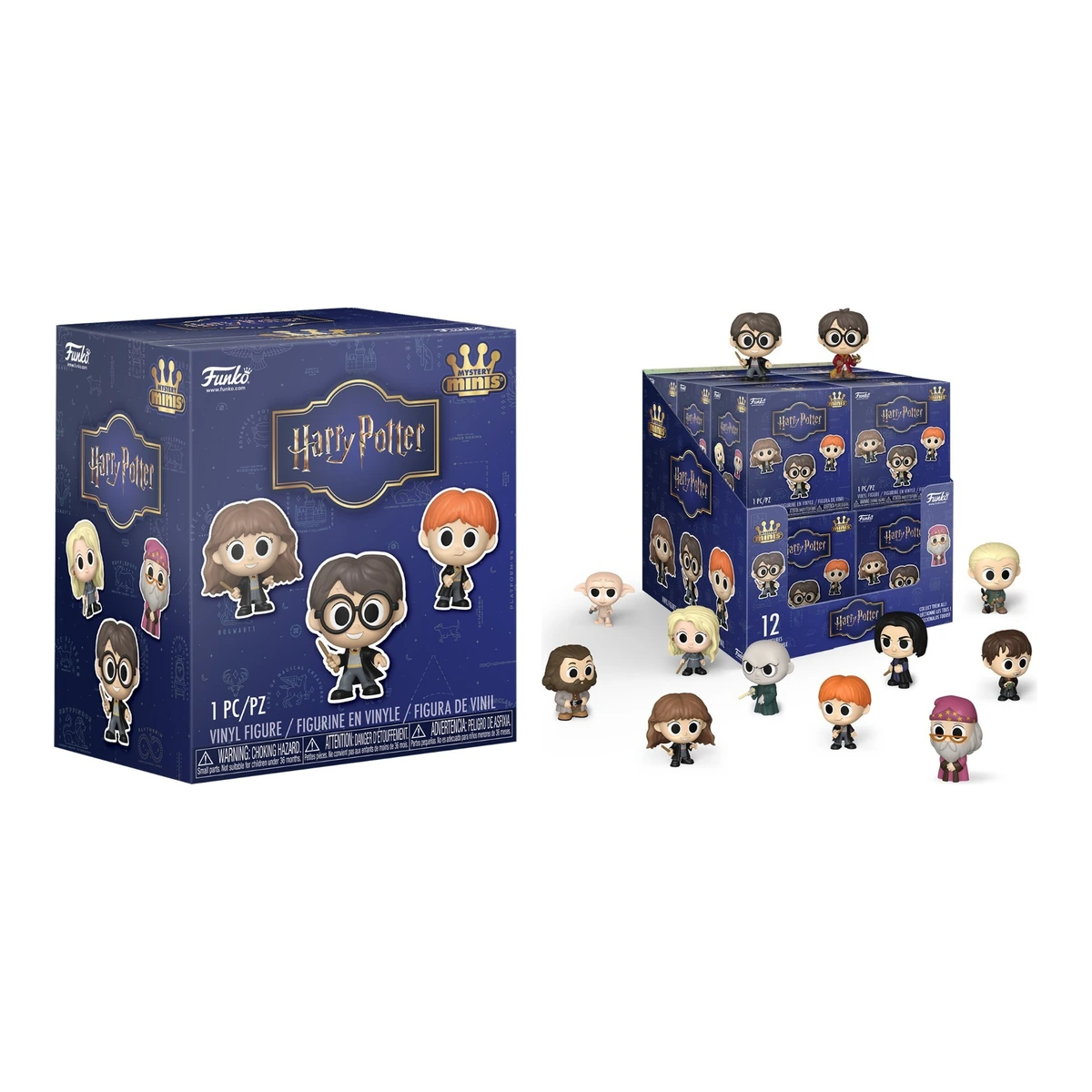 Caja ciega y display de doce de Harry Potter Mystery Minis de Funko con las doce figuras alrededor
