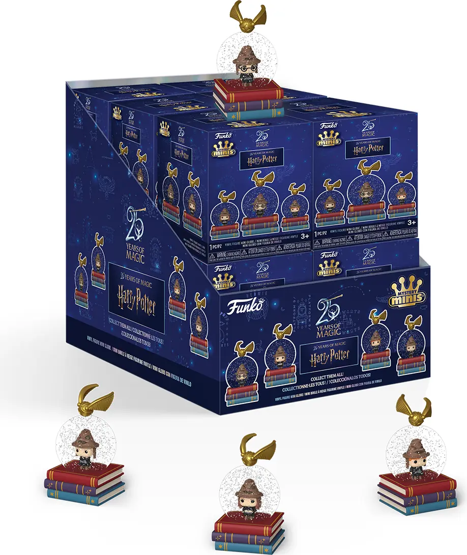 Display de 12 cajas ciegas de Funko Mystery Minis Harry Potter Mini Glitter Globe 25 Years of Magic con los cuatro globos delante