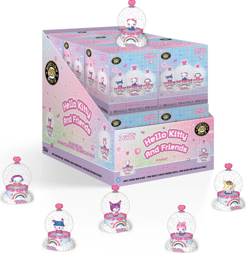 Display de 12 cajas ciegas de Funko Mystery Minis Hello Kitty and Friends Y2K Mini Glitter Globe con los seis globos delante