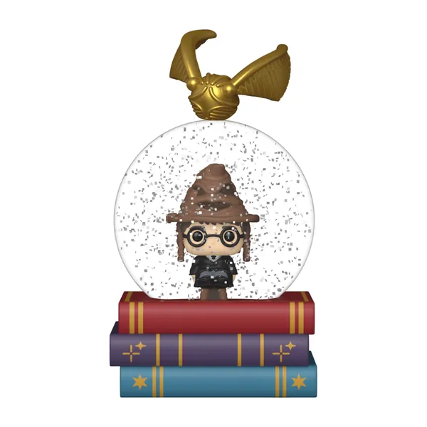 Harry Potter con el Sombrero Seleccionador en la Mini Glitter Globe de Funko Mystery Minis, con Snitch dorada y base de libros