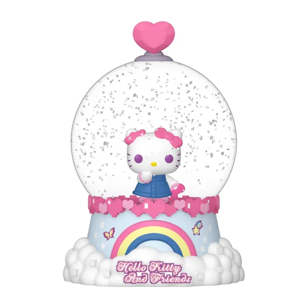 Hello Kitty Y2K dentro de la Mini Glitter Globe de Funko Mystery Minis, con base arcoíris y corazón rosa