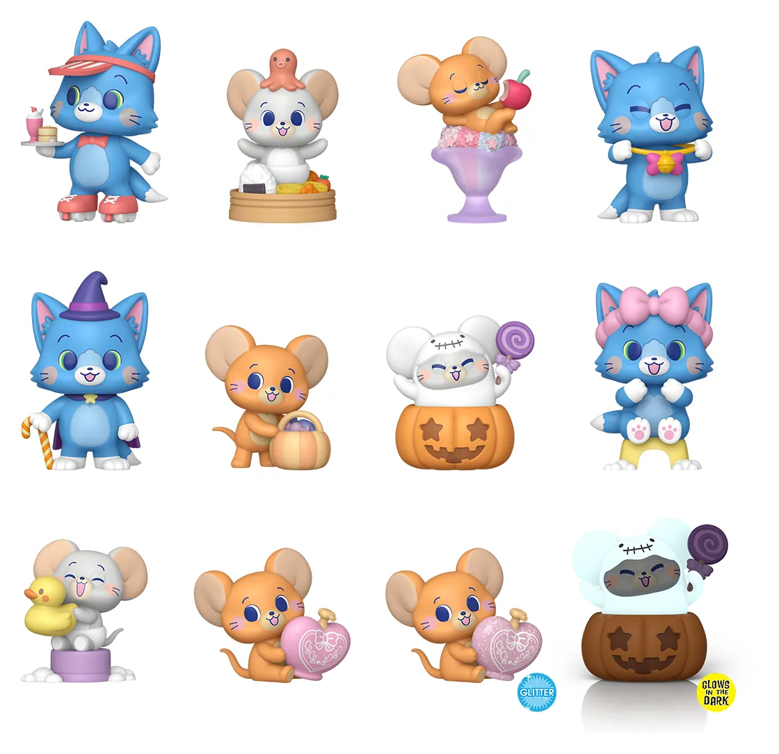 Las 12 figuras de Tom y Jerry Gokko Mystery Minis, con Spa Jerry purpurina y Halloween Nibbles que brilla en la oscuridad