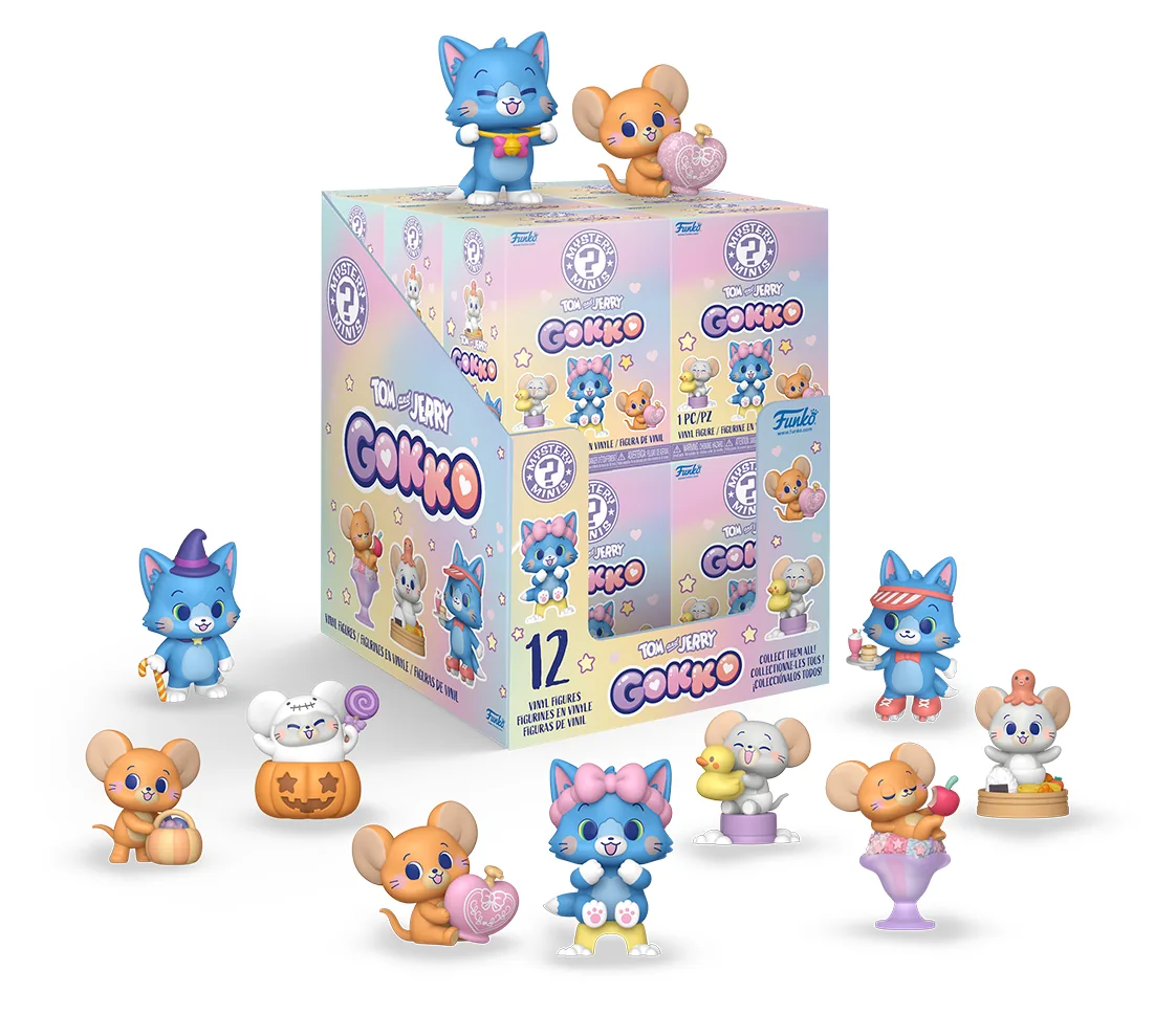Display de 12 cajas de Tom y Jerry Gokko Mystery Minis de Funko rodeado de figuras de la serie