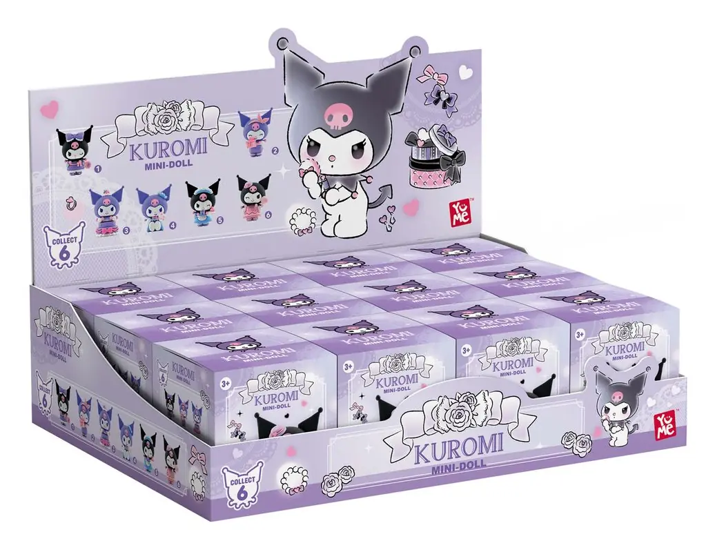 Expositor de mostrador de Kuromi Birthday Party de YuMe con las 6 figuras numeradas en la cabecera y las cajas moradas