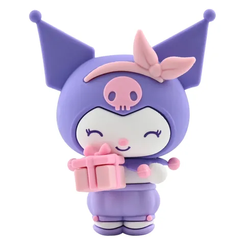 Kuromi nº 2 de Birthday Party de YuMe: capucha lila con cinta rosa y una caja de regalo rosa