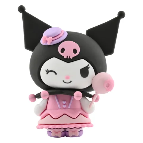 Kuromi nº 6 de Birthday Party de YuMe: capucha negra con sombrerito lila, vestido rosa y piruleta rosa