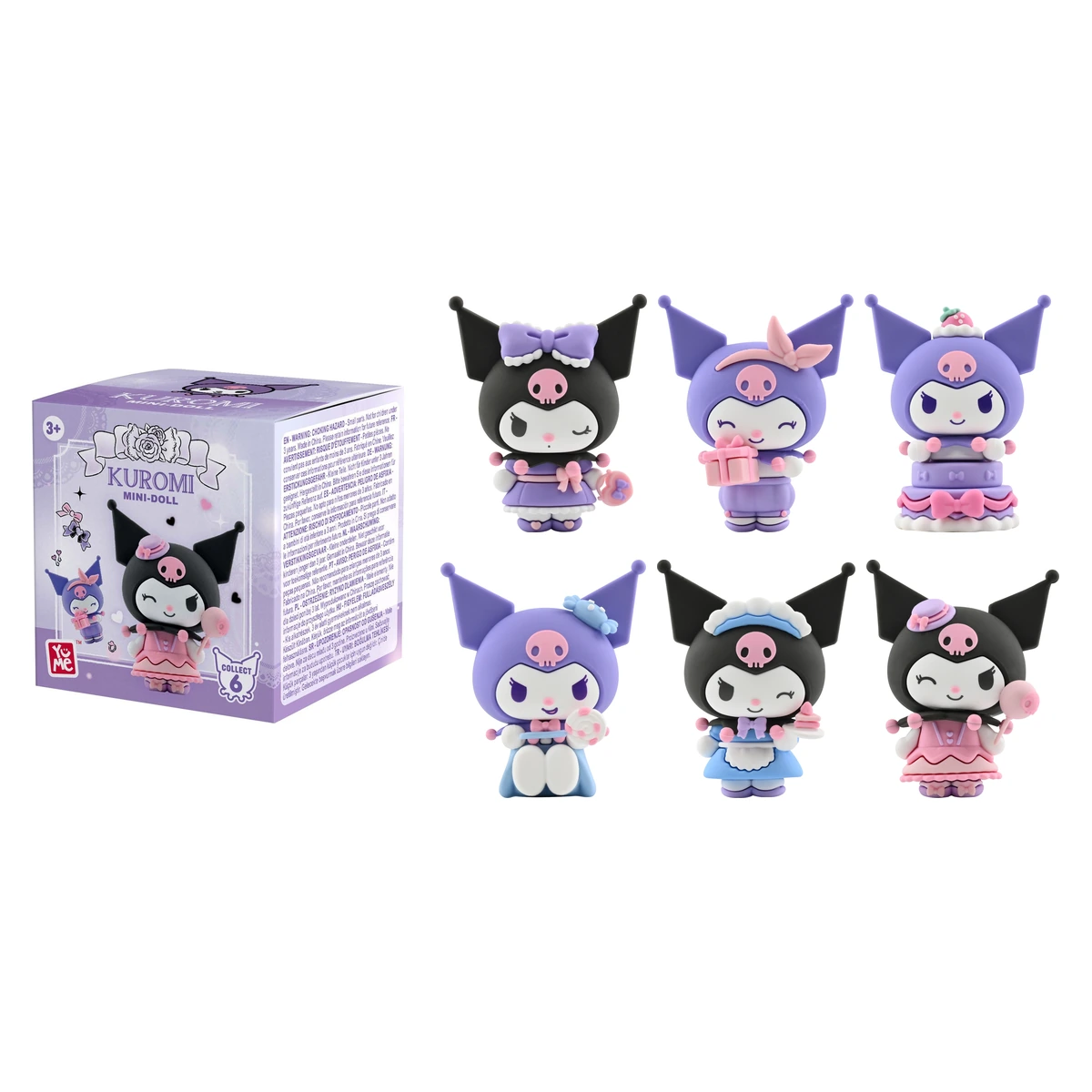 Kuromi Birthday Party de YuMe: la caja Kuromi Mini-Doll y las 6 mini-dolls de cumpleaños de 5 cm, con capucha negra y lila