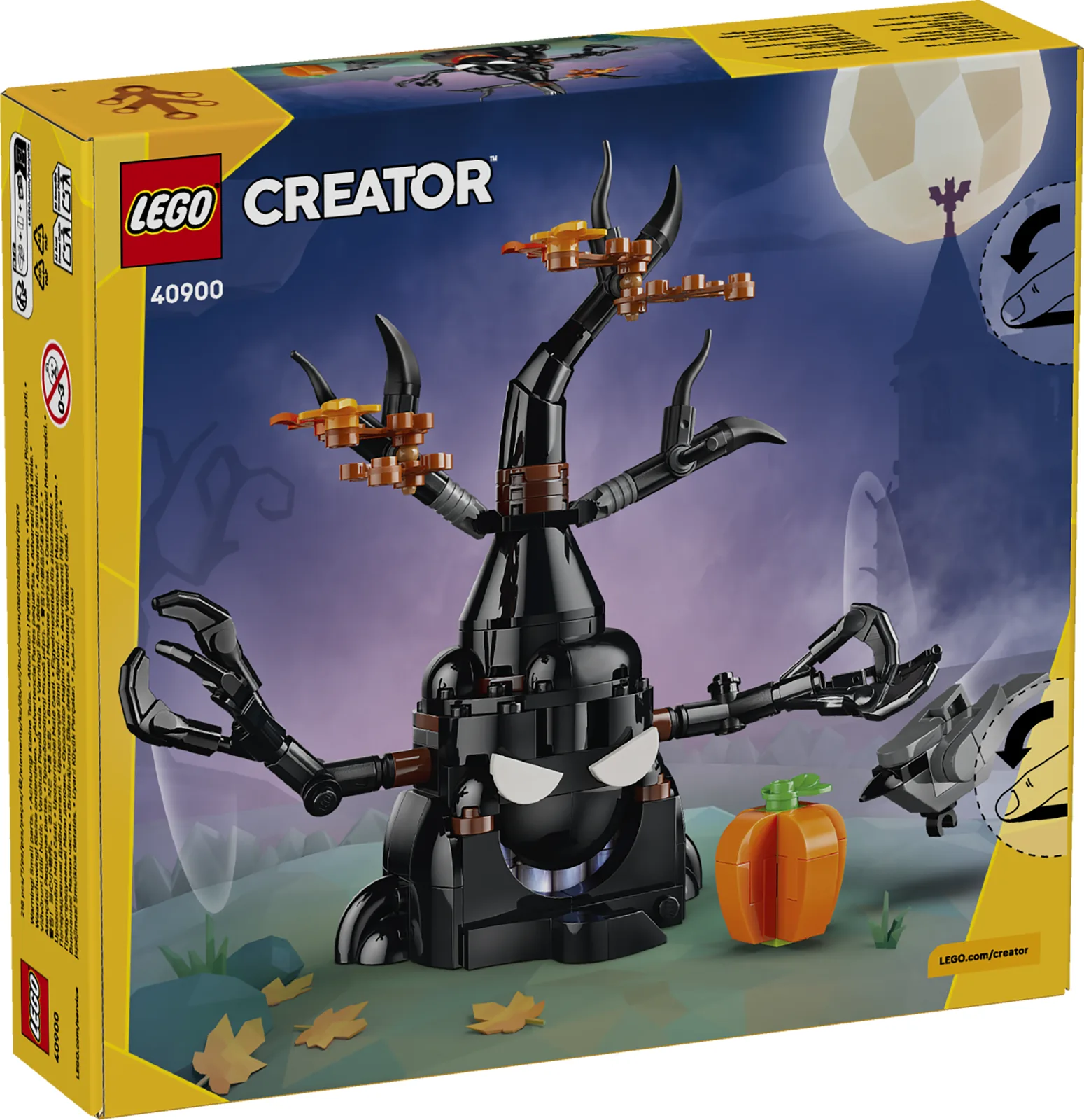 Trasera de la caja europea del LEGO 40900 con los iconos del giro de los brazos y del botón de la luz
