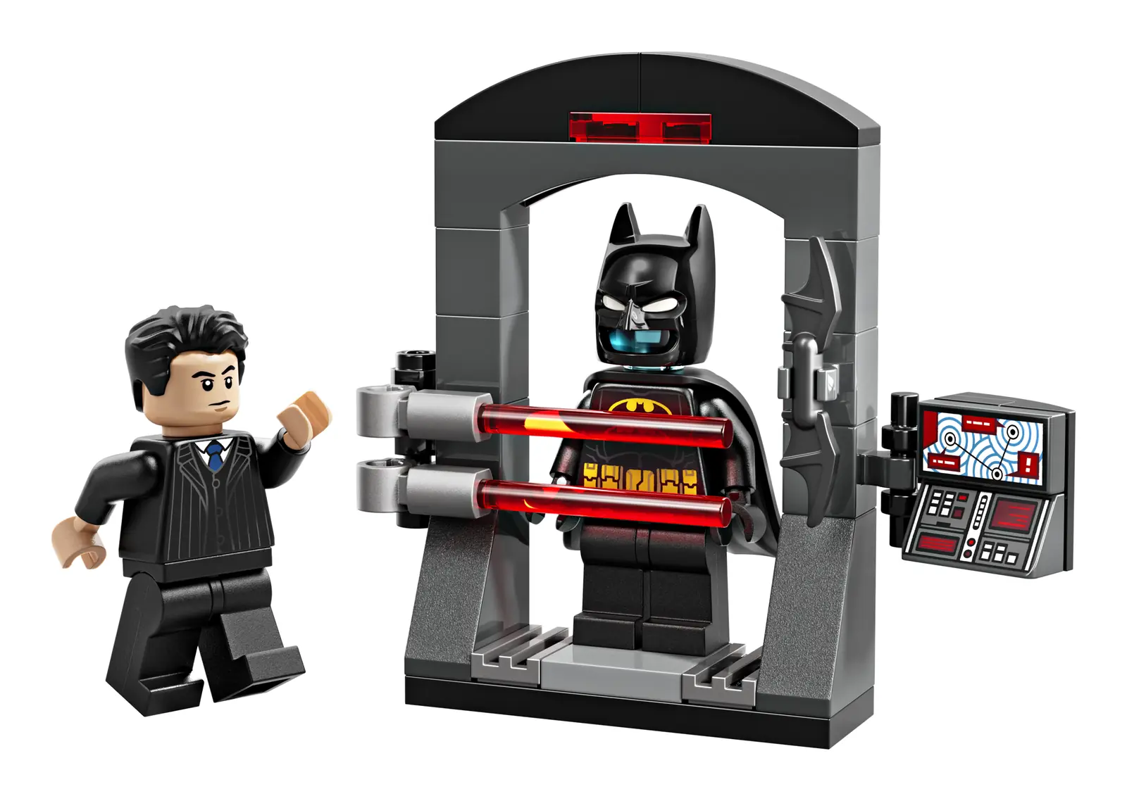 Set LEGO Batman 30726 montado: minifigura de Bruce Wayne con traje de raya diplomática y el Bat-traje tras dos barreras láser rojas