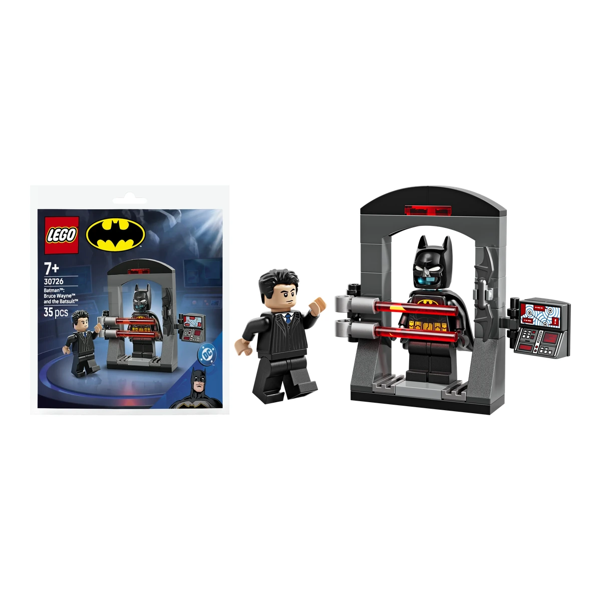 Bolsa del LEGO Batman 30726 Bruce Wayne y el Bat-traje junto al set montado con el expositor de la Batcueva