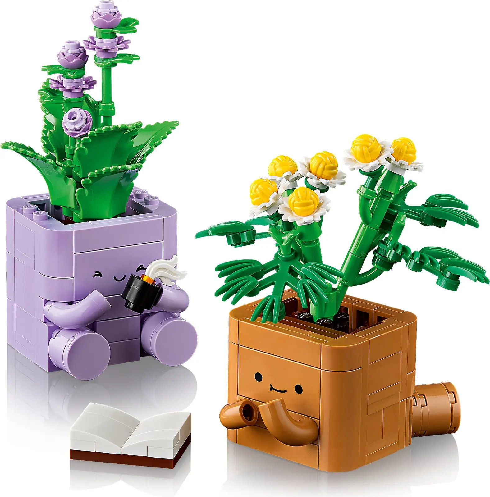 Las dos macetas del LEGO Plantas Cariñosas 10371 con las plantas intercambiadas: la lila con la menta y la marrón con la manzanilla
