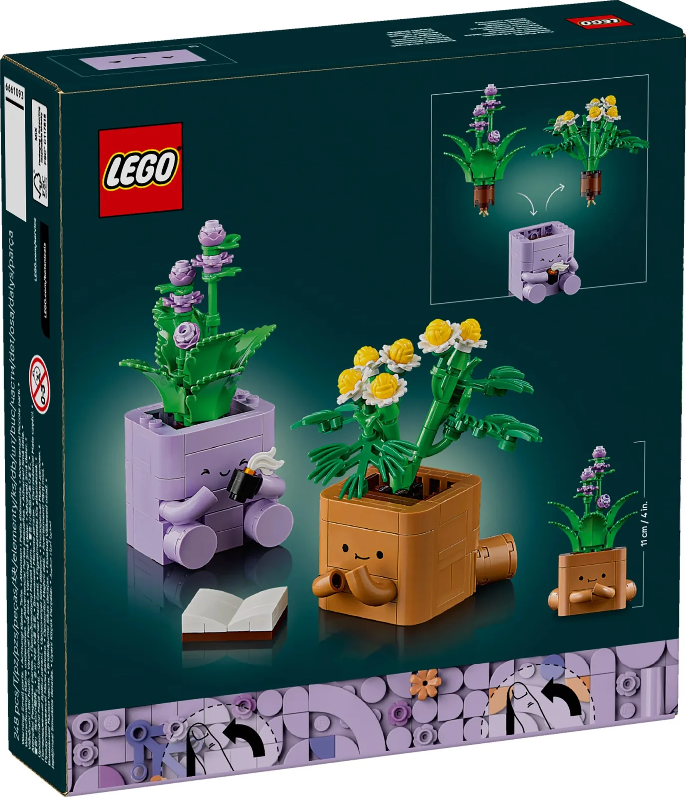 Reverso de la caja del LEGO Plantas Cariñosas 10371 con el diagrama de extracción e intercambio de las plantas y la medida de 11 cm