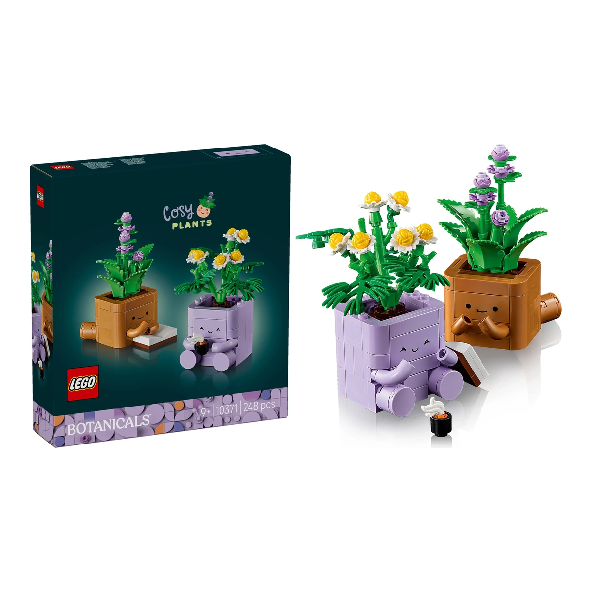 Caja del LEGO Botanicals Plantas Cariñosas 10371 junto a las dos plantas montadas con sus macetas de cara sonriente