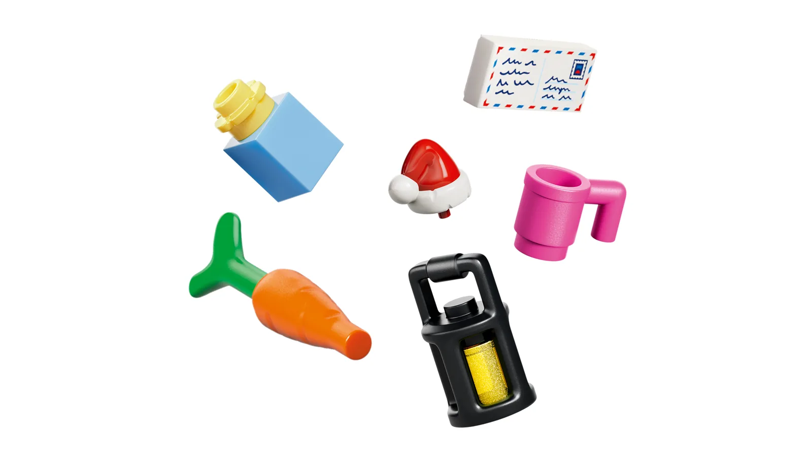Accesorios del calendario LEGO Friends 42698: carta a Papá Noel, gorro, taza, farol, zanahoria y regalo