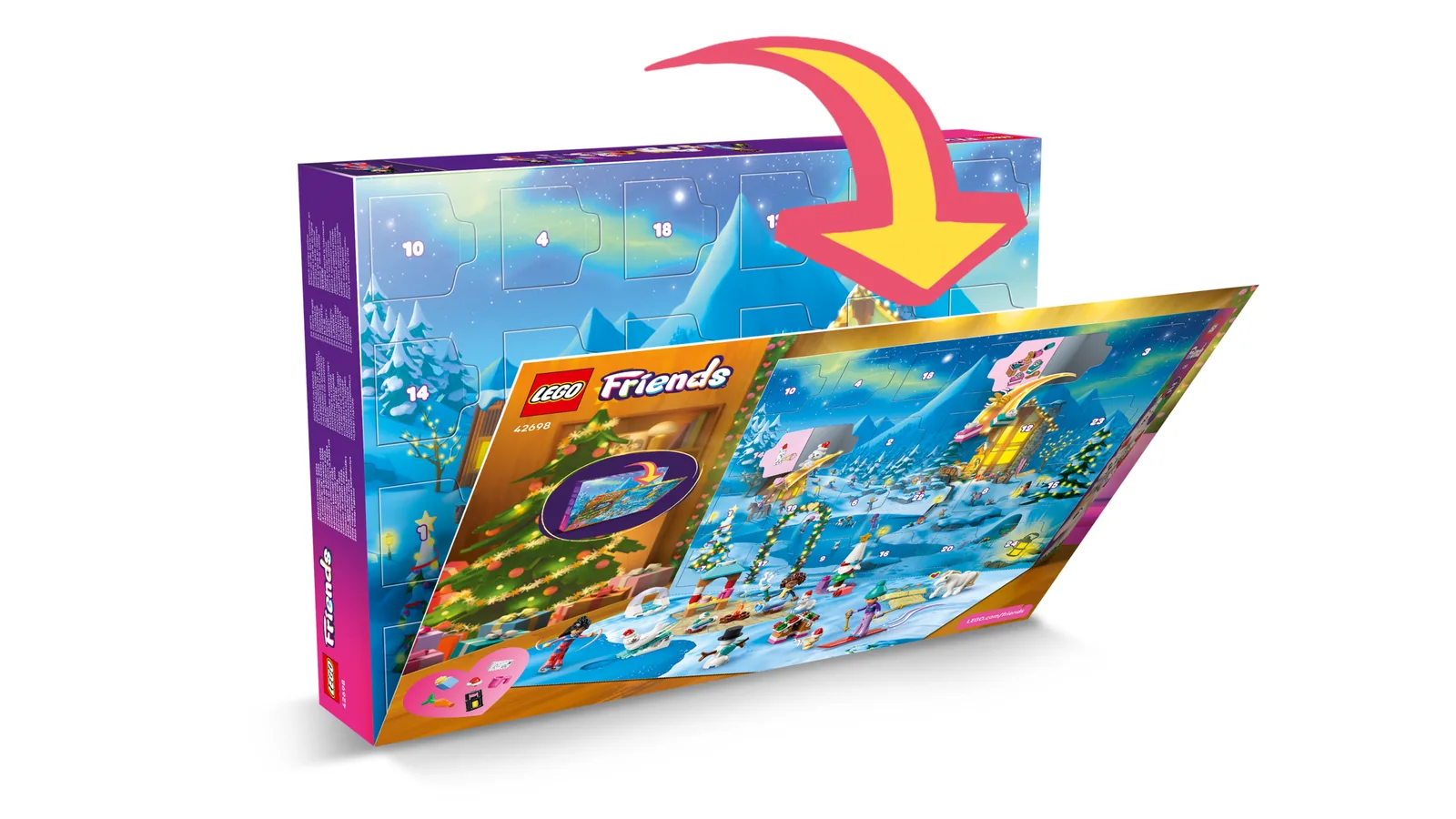 La caja del calendario LEGO Friends 42698 se abre por detrás y se convierte en tapete de juego