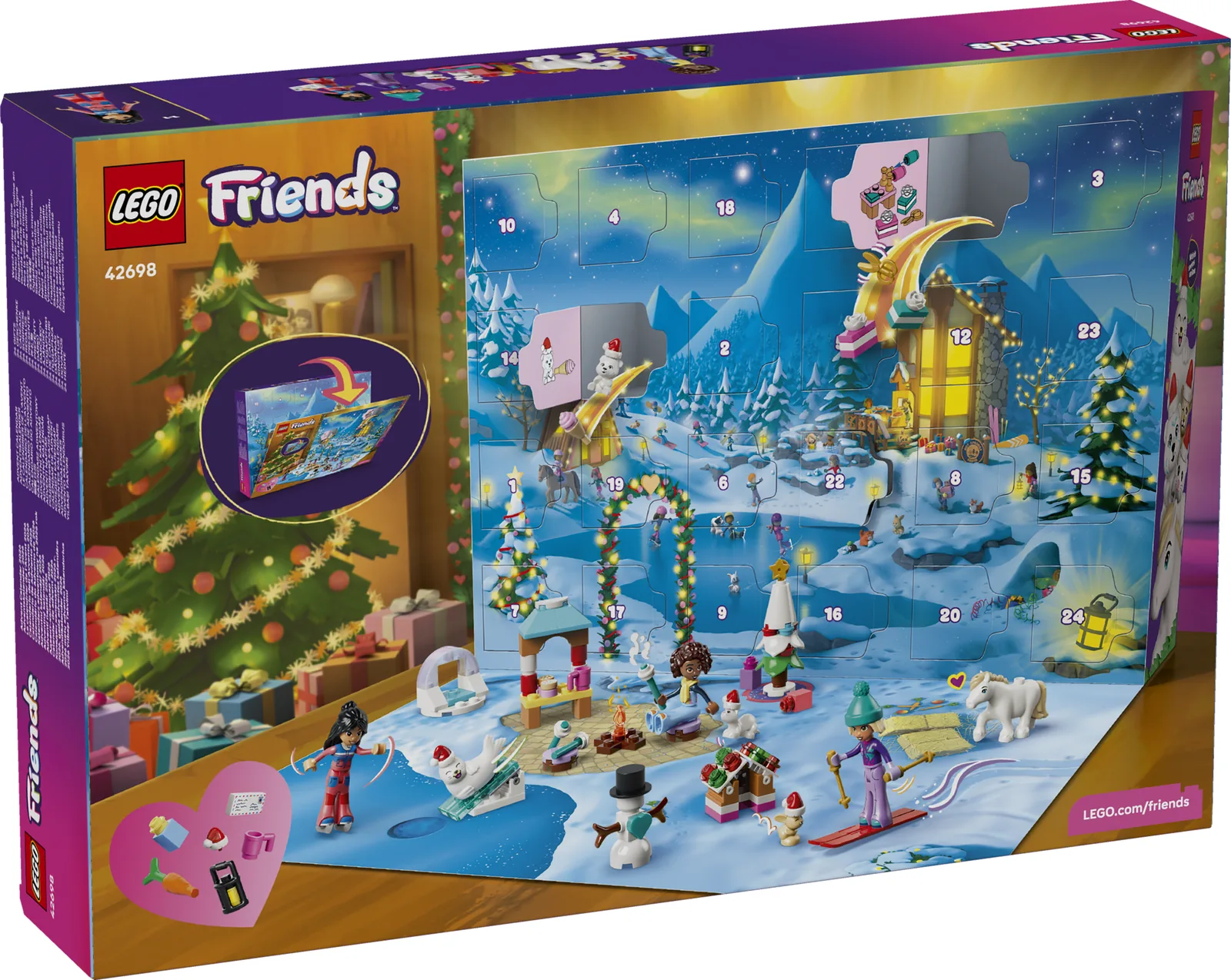 Trasera de la caja del LEGO Friends calendario de Adviento 2026 con las 24 ventanas numeradas