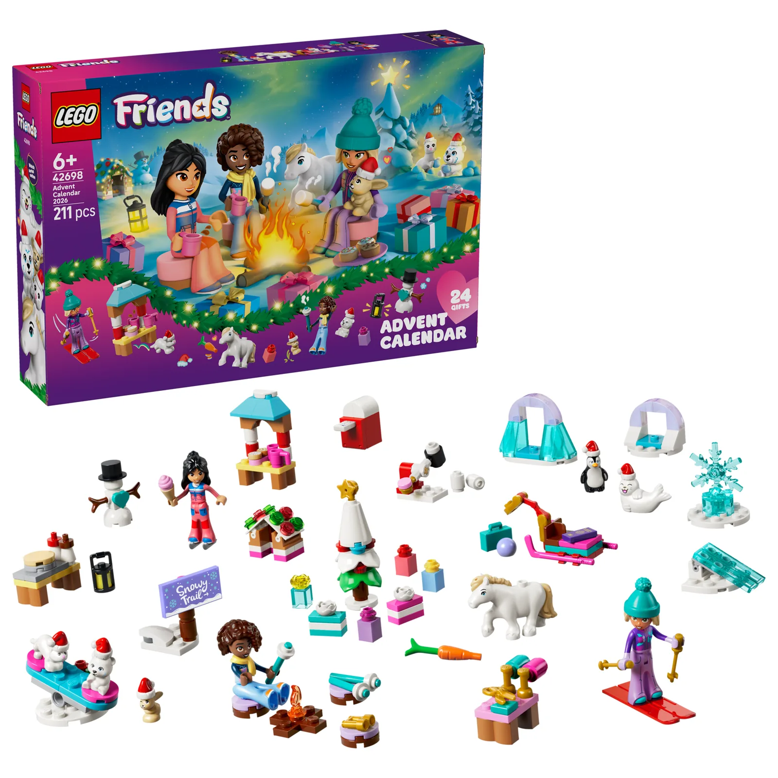 Caja del LEGO Friends calendario de Adviento 2026 42698 con todo el contenido de las 24 puertas montado