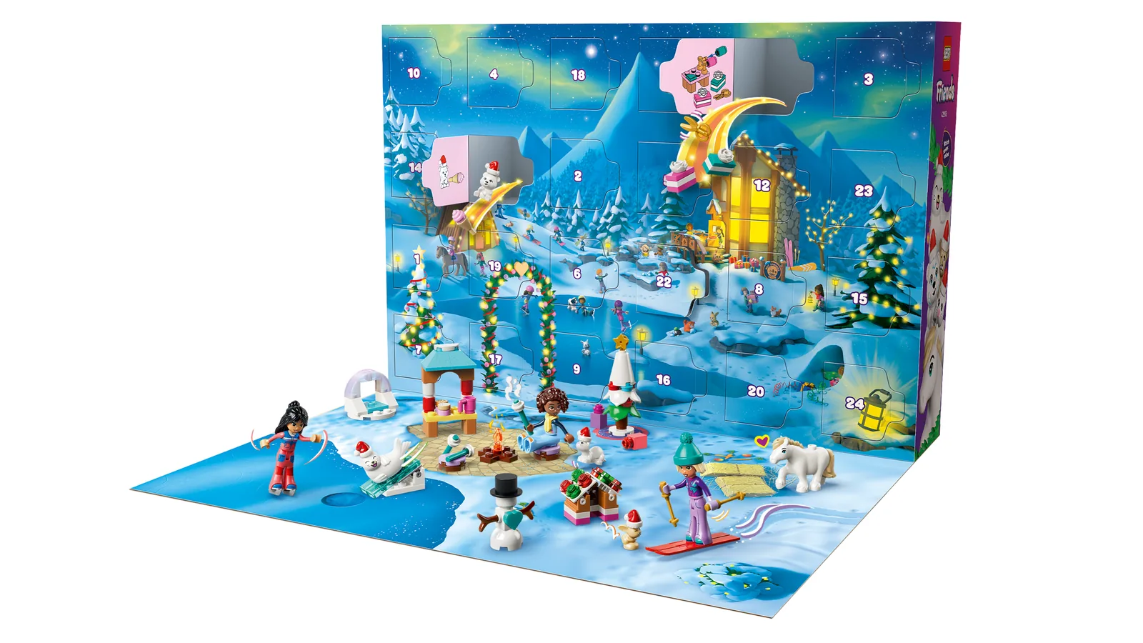 Trasera de la caja del LEGO Friends 42698 desplegada como paisaje nevado con las figuras colocadas