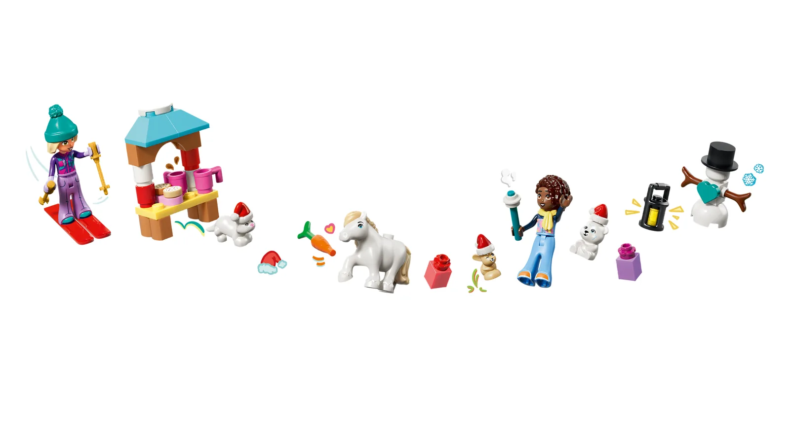 Microconstrucciones y animales del calendario de Adviento LEGO Friends 2026 en fila