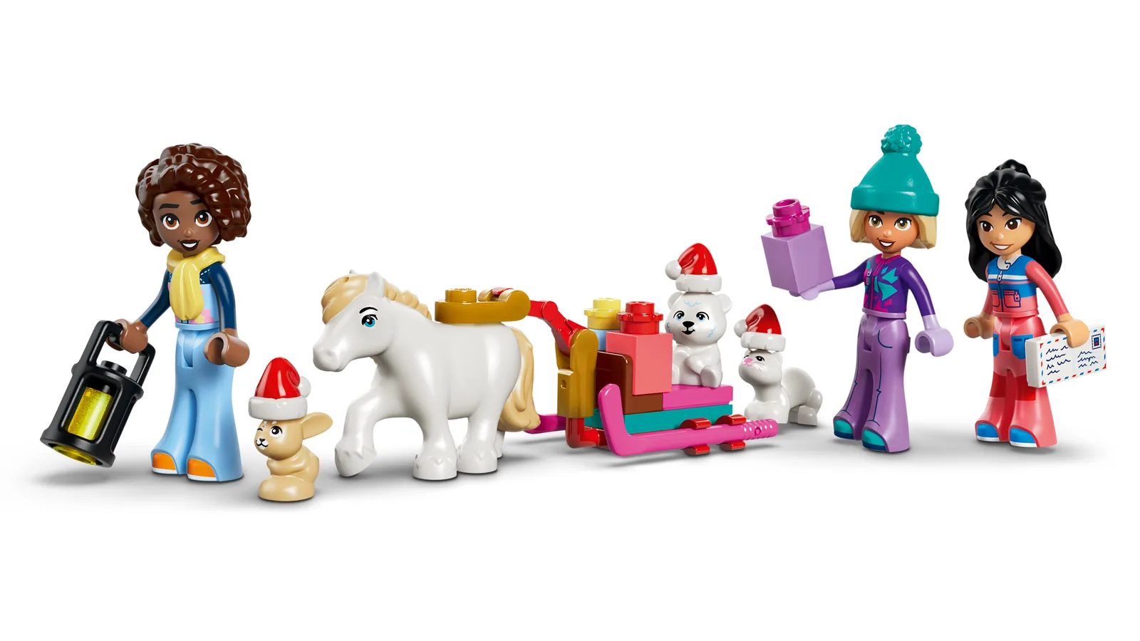 Nova, Liann y Aliya con el poni, el trineo, el conejito y los animales del LEGO Friends 42698