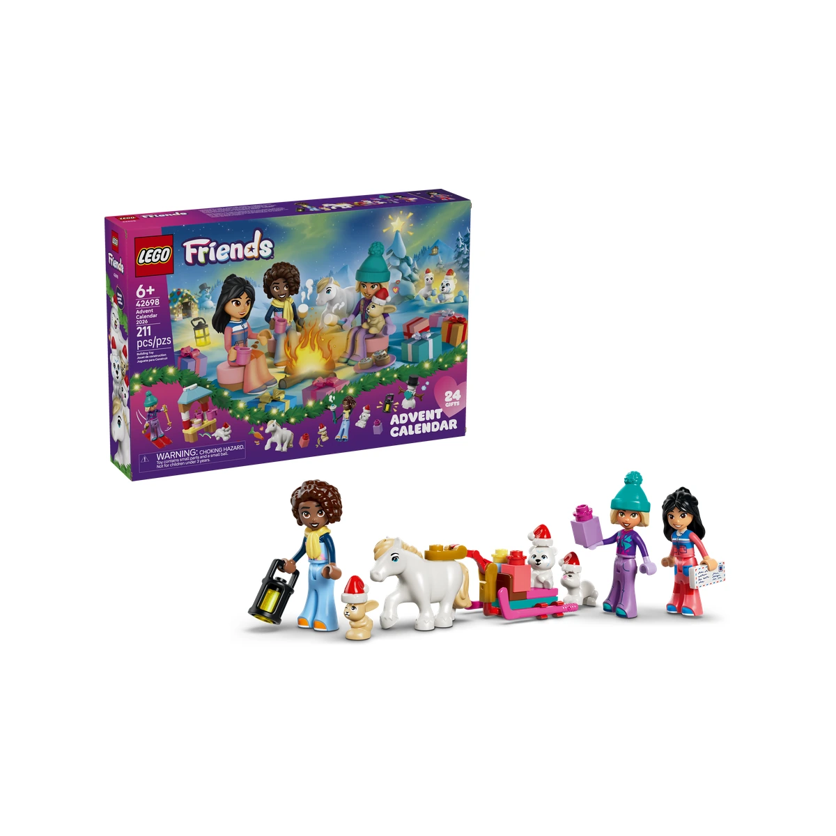 LEGO Friends calendario de Adviento 2026, set 42698: caja frontal con las minifiguras Nova, Liann y Aliya, el poni, el trineo y los animales