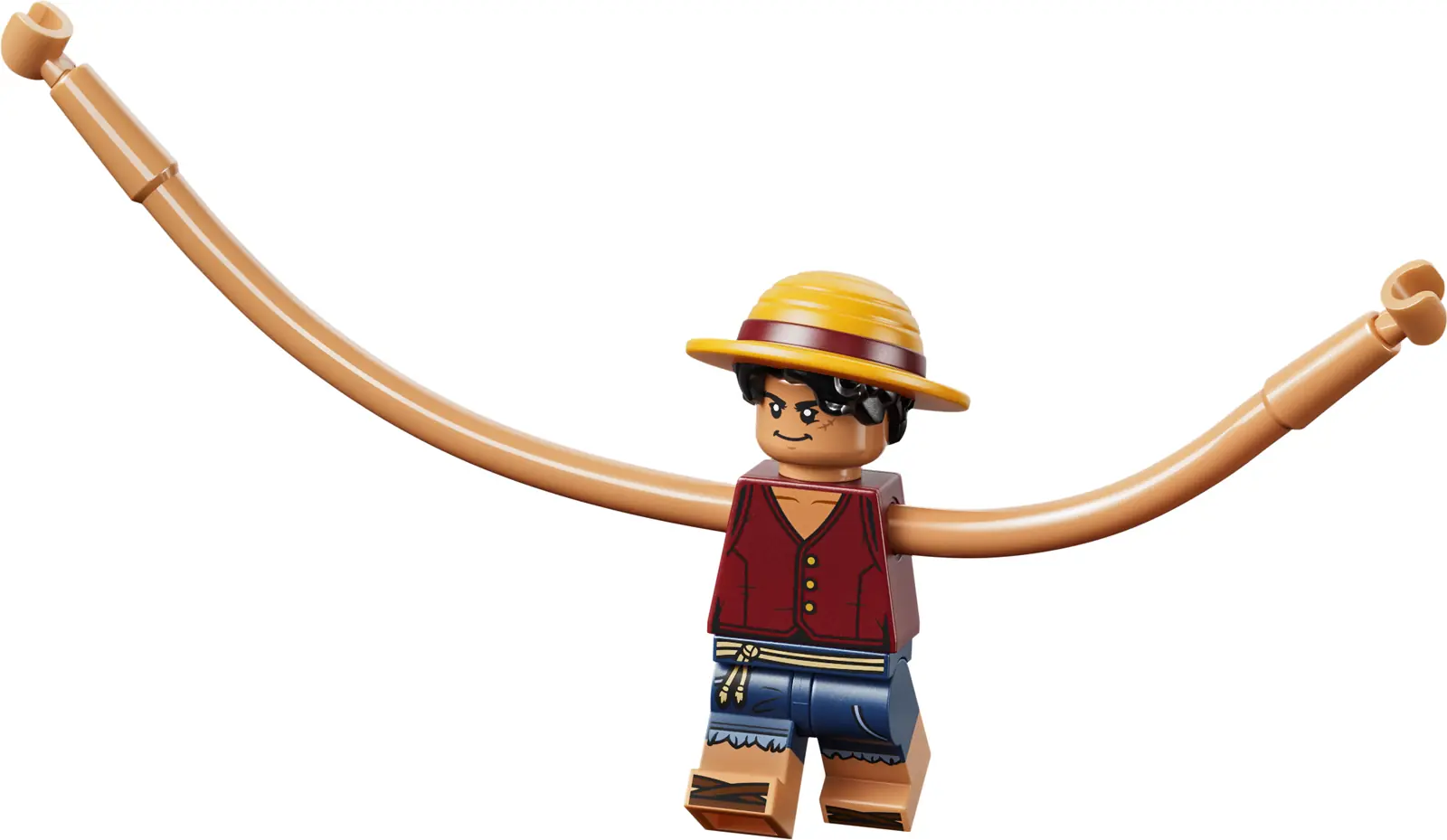 Minifigura de Monkey D. Luffy adulto del set LEGO 75647 con los brazos de goma estirados