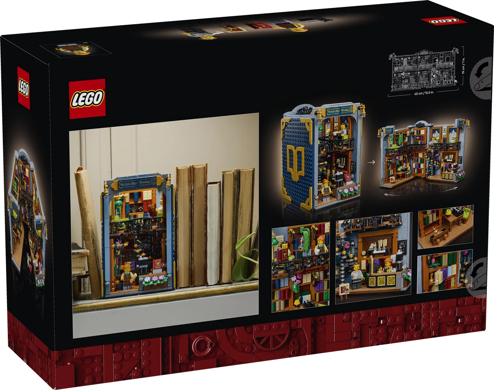 Reverso de la caja del LEGO Icons 11379 con el set cerrado entre libros, el diagrama de apertura y detalles del interior