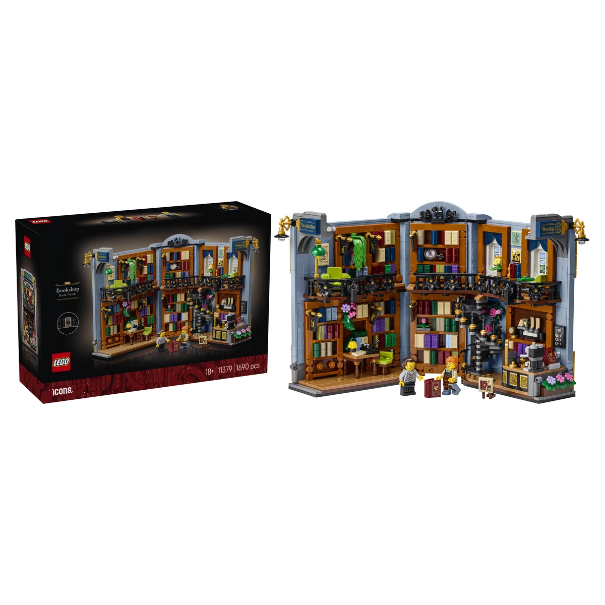 Caja del LEGO Icons 11379 Rincón entre Libros: Librería junto al set abierto con sus dos plantas de estanterías y dos minifiguras