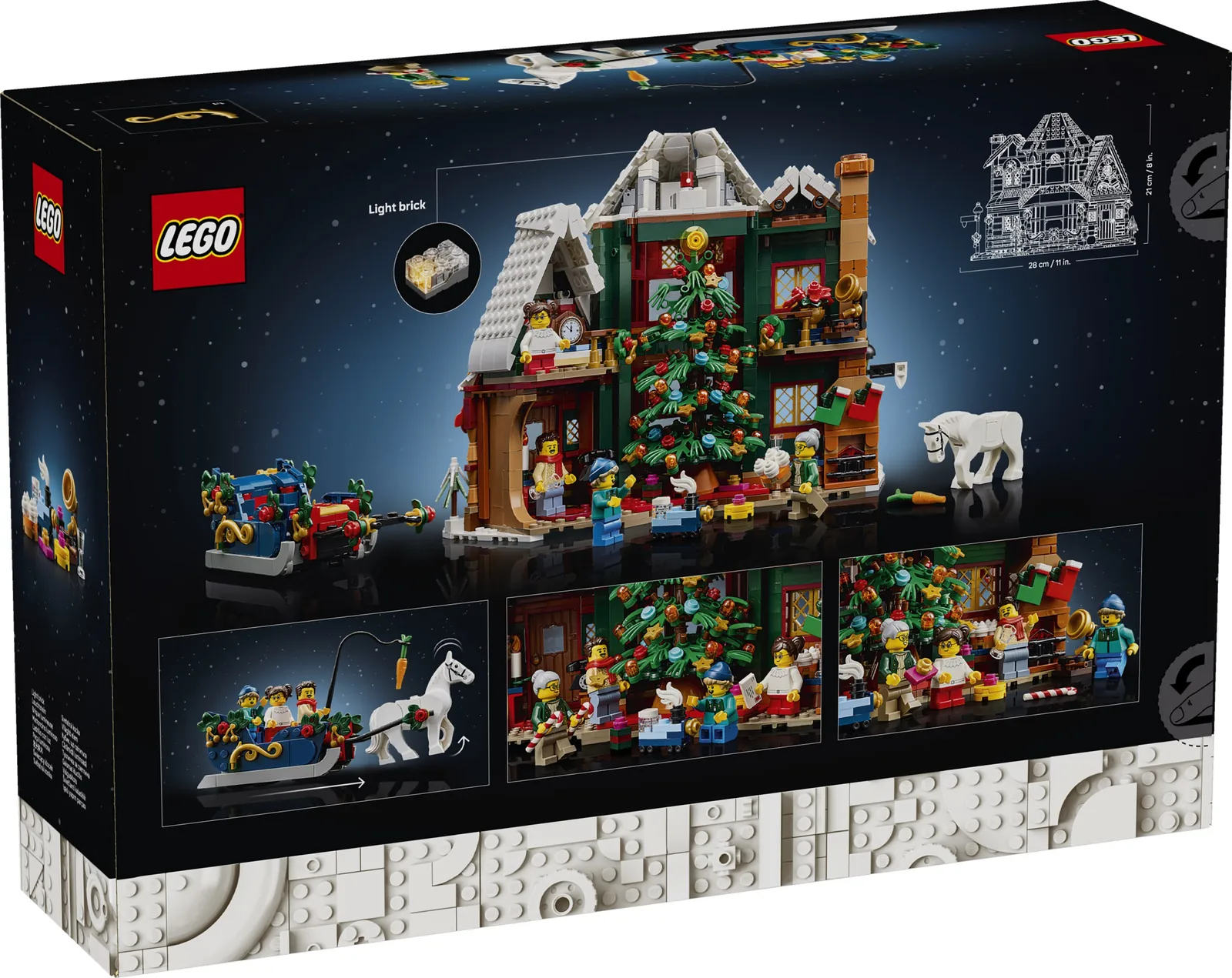 Reverso de la caja del LEGO Icons 11387 Holiday House con la vista trasera, el ladrillo de luz y tres escenas
