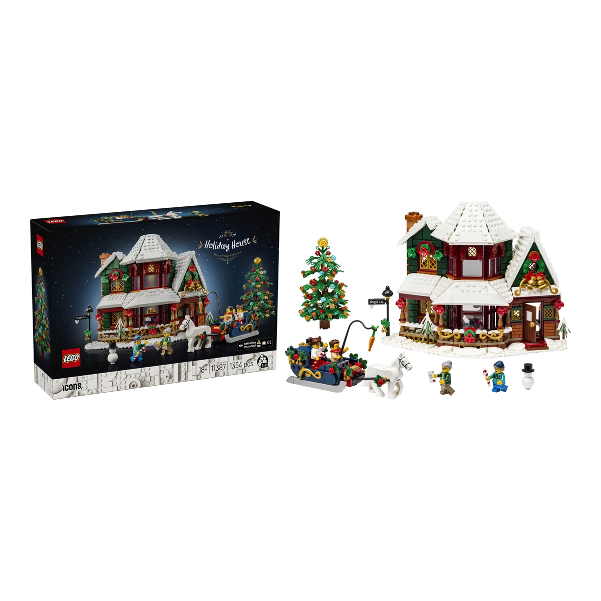 Caja del LEGO Icons 11387 Holiday House junto a la casa navideña montada con su árbol, el trineo y las minifiguras