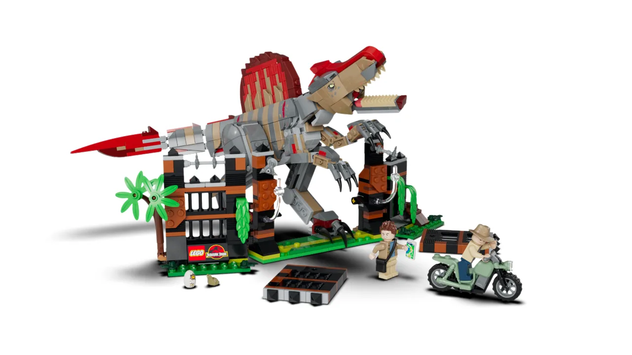 Visual oficial del set LEGO Jurassic World 77982 con el Spinosaurus y la escena de huida