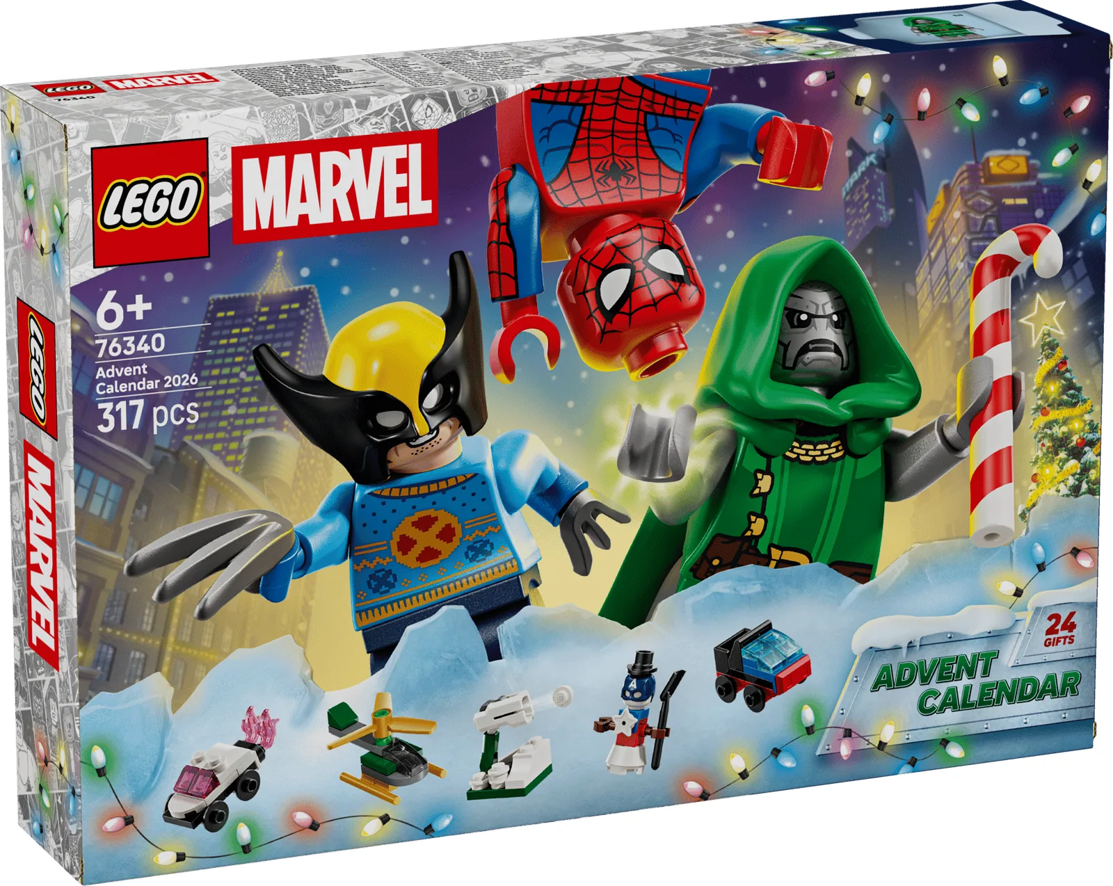 Caja del calendario de adviento LEGO Marvel 76340 con las 24 ventanas y su contenido