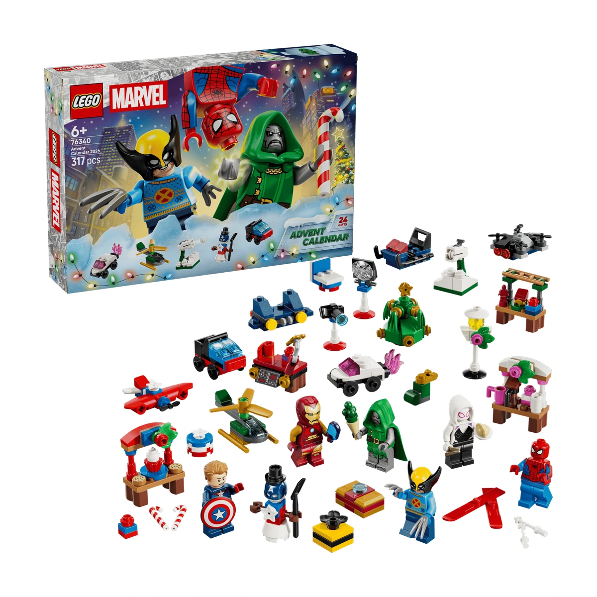 Calendario de adviento LEGO Marvel 2026 set 76340 con sus construcciones y minifiguras