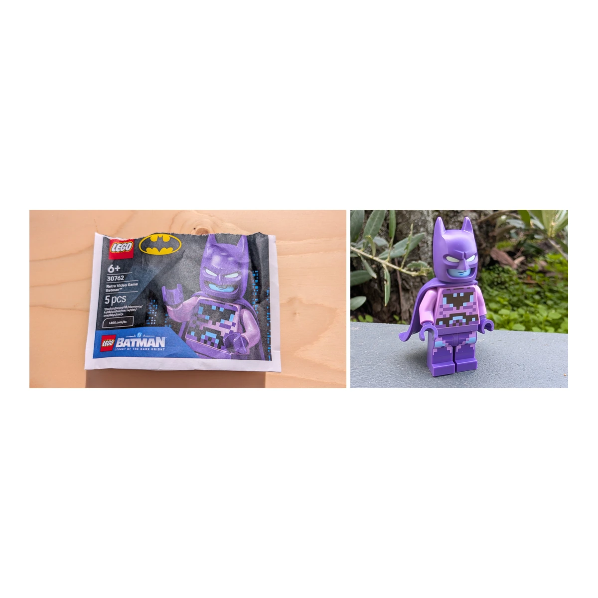 Bolsa y minifigura del LEGO Retro Video Game Batman 30762 con estetica pixelada