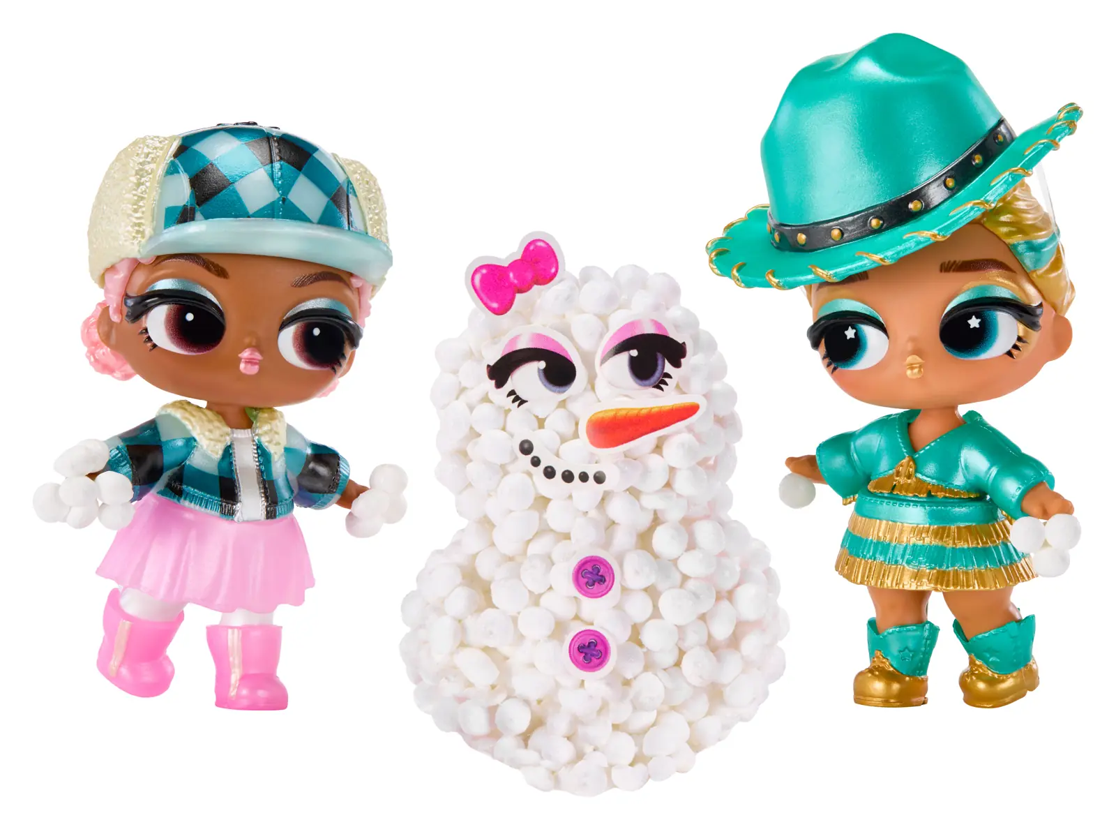Dos Tots de Snow Cute junto al muñeco de nieve montado con las bolas de foam y sus pegatinas