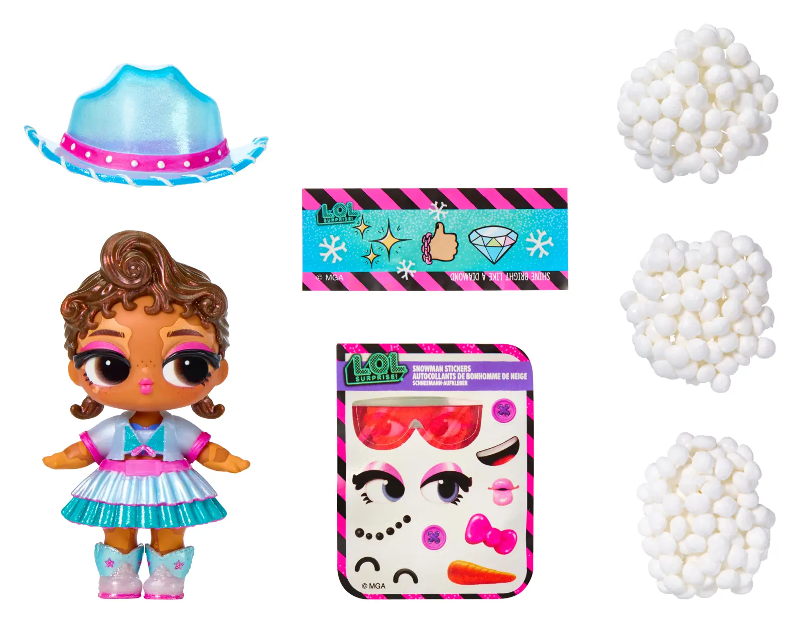 Tot cowgirl de Snow Cute con sombrero azul, pegatinas y tres bolsitas de bolas de nieve