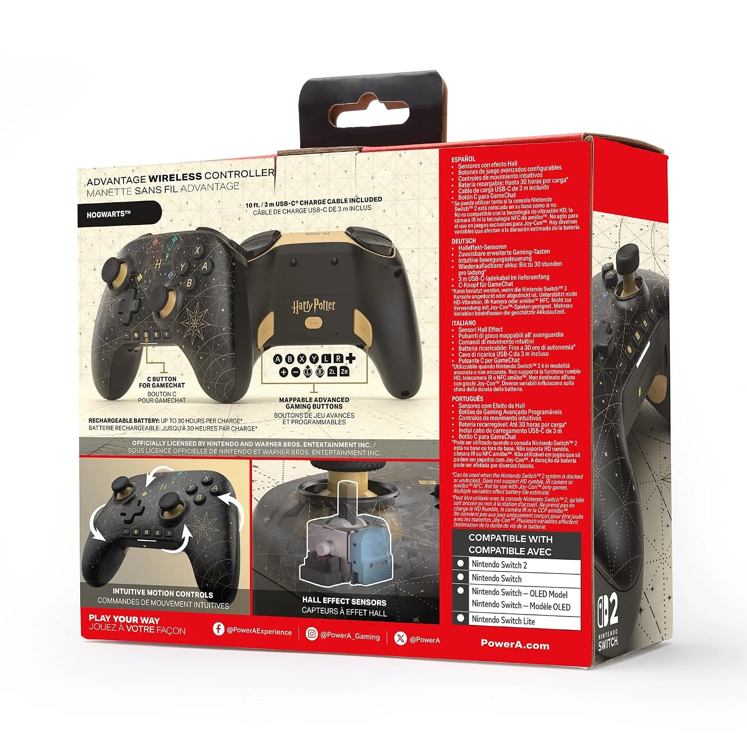 Trasera de la caja del mando PowerA Hogwarts con las funciones y la compatibilidad con Switch 2, Switch, OLED y Lite