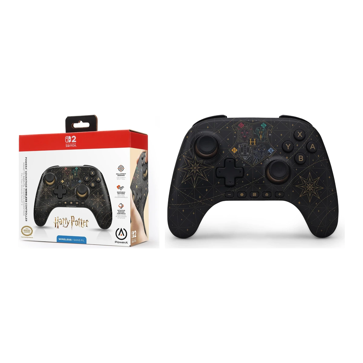 Mando Harry Potter Switch 2 de PowerA (Advantage Wireless Controller Hogwarts) junto a su caja, sobre fondo blanco