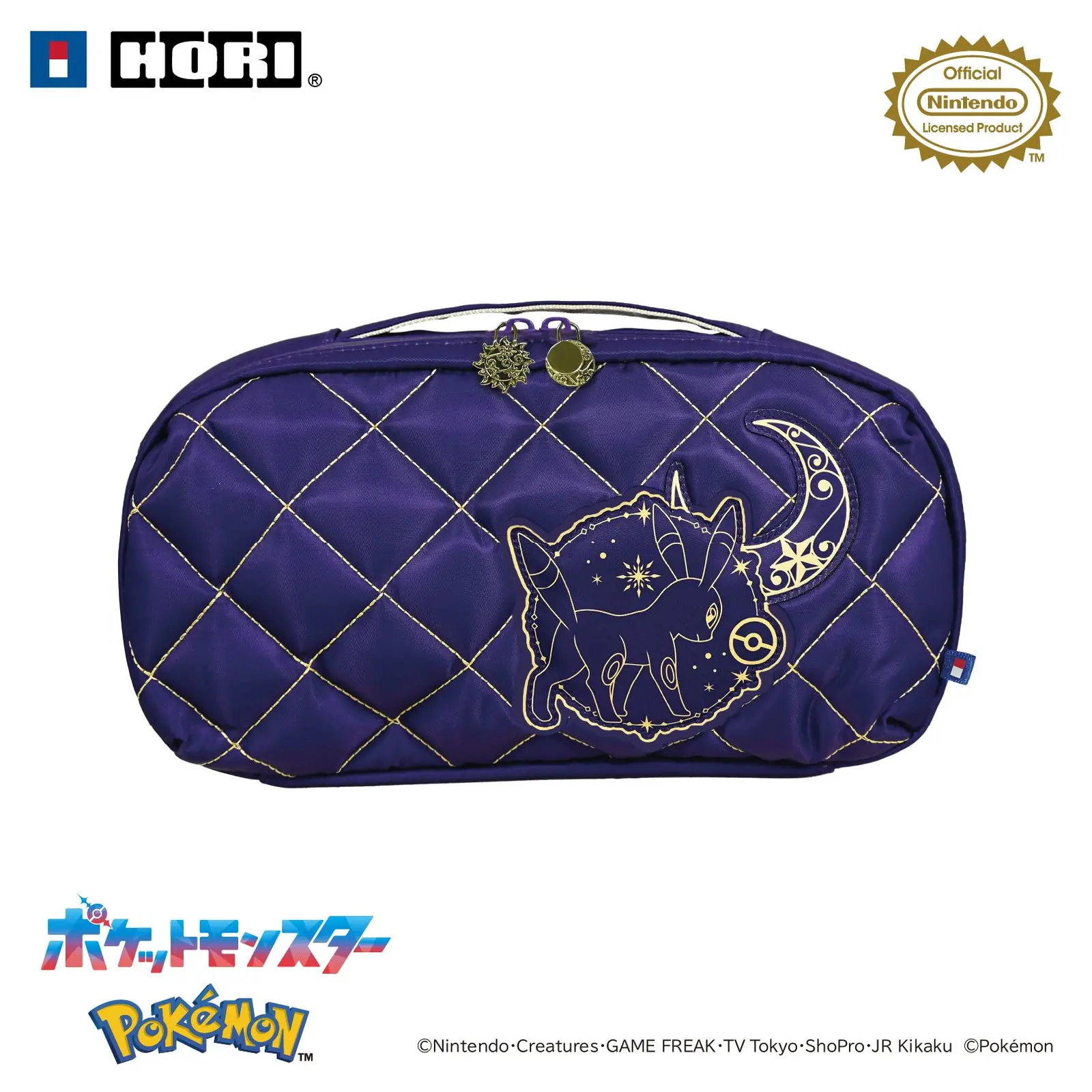 Funda acolchada HORI Quilted Medium Pouch NSX-177 con Umbreon bordado en dorado y charms de sol y luna