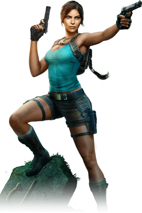 Render oficial de Lara Croft con sus dos pistolas usado por 8BitDo en la web de los mandos Tomb Raider 30th Anniversary